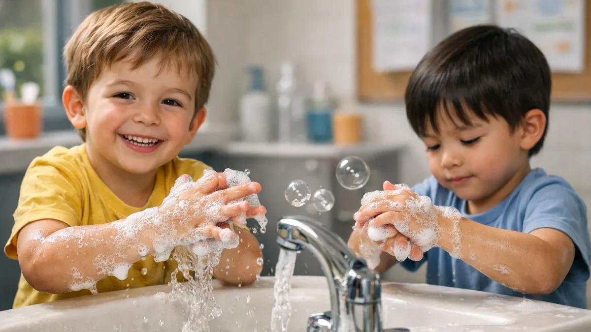Two young children at a sink washing their hands with lots of soap bubbles, smiling as they play with bubbles in a bright classroom setting.
