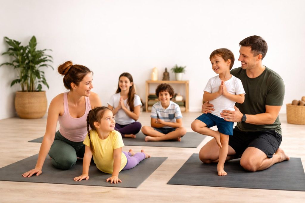 Family doing yoga together in a bright room: mother with daughter on the left, father with son on the right, others sitting on mats in the background.